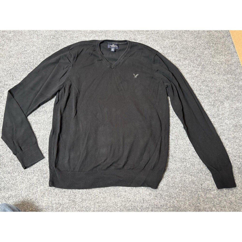American Eagle Outfitters Sweater Mens L Black V-Neck Lightweight Knit Logo